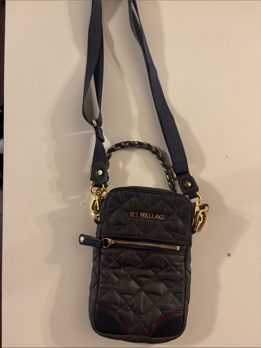 MZ Wallace Quilted Black Crossbody Phone Pouch with Gold Hardware